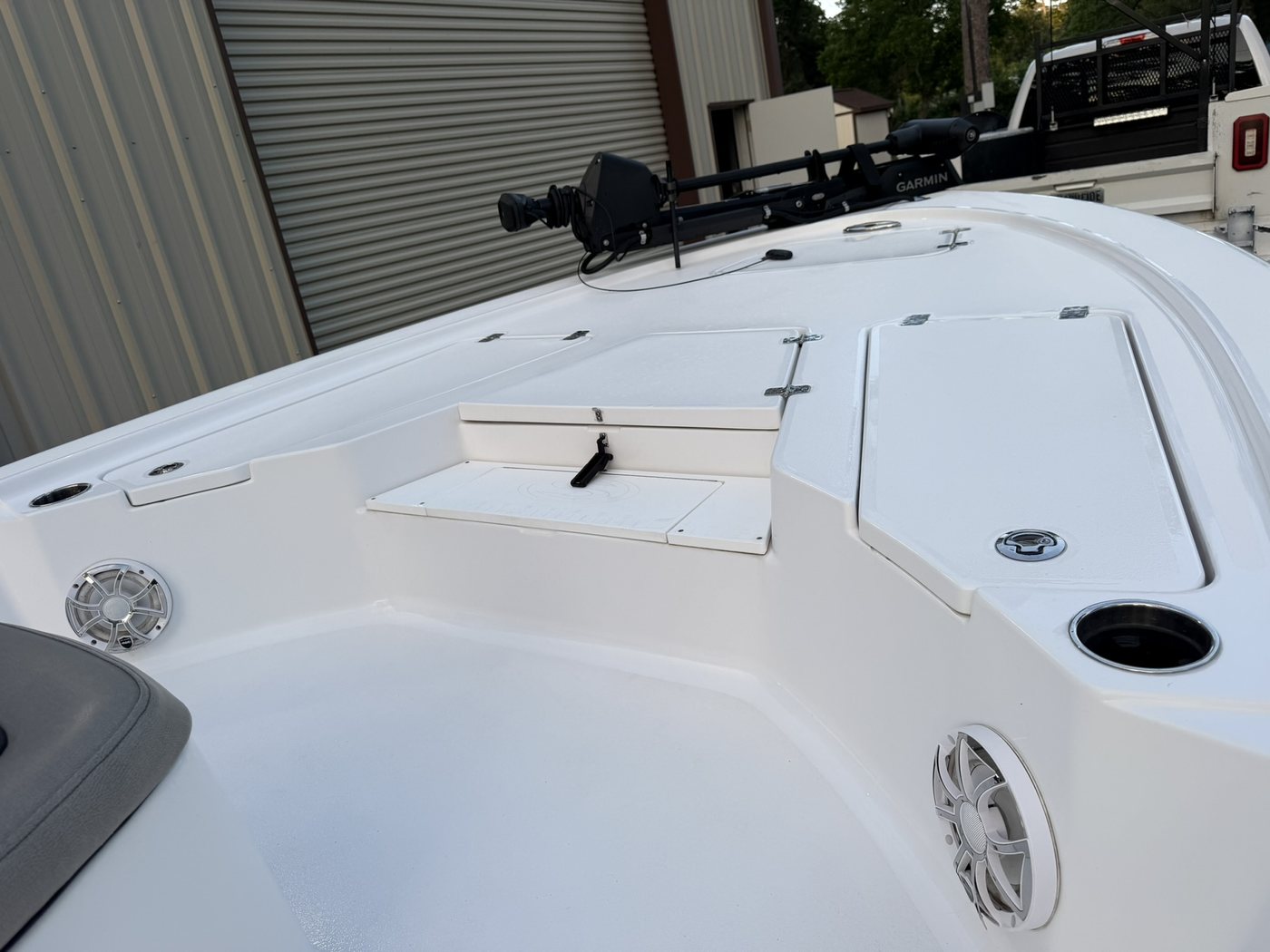 Marine stereo speakers on bow deck